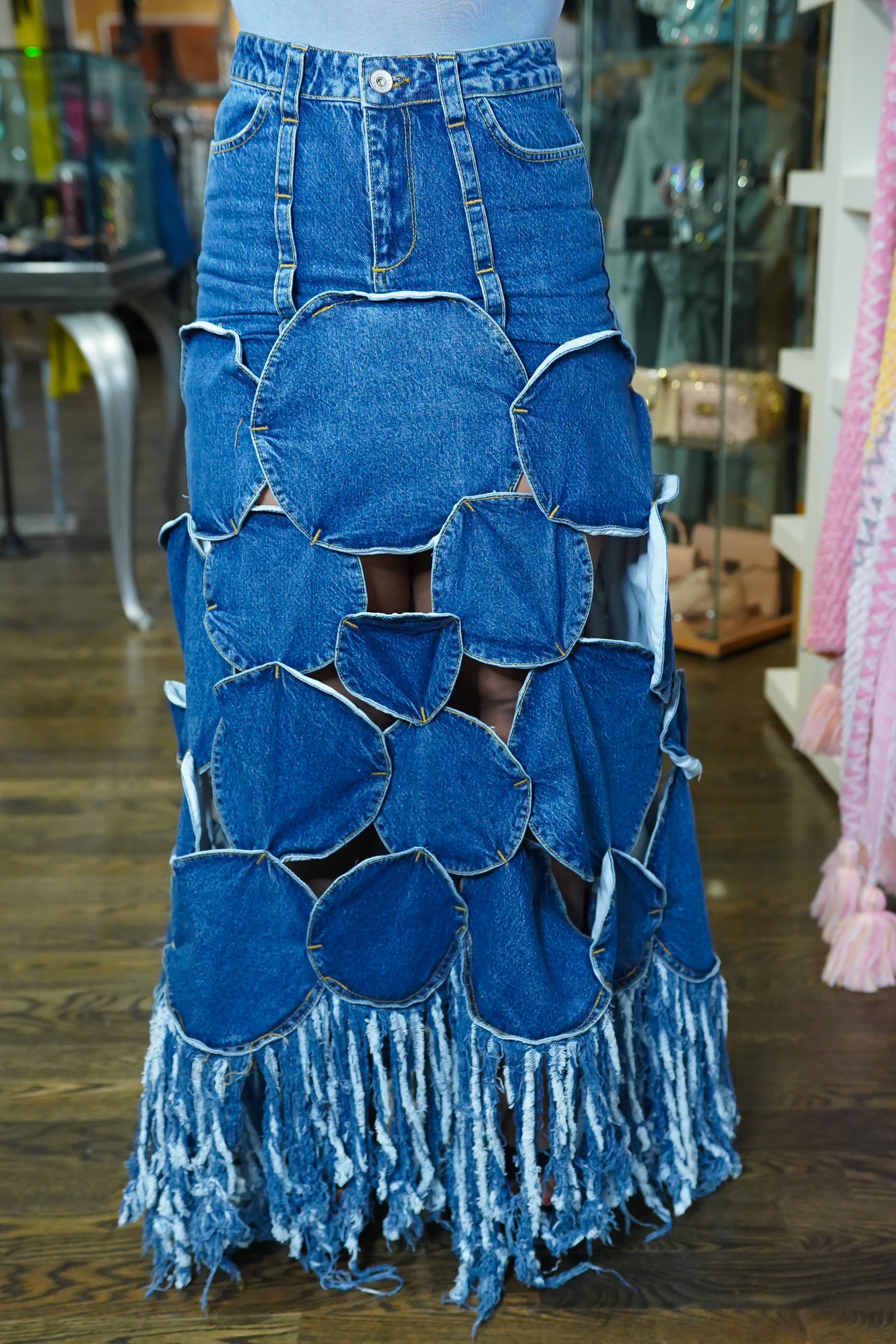 Jean skirt shops with fringe