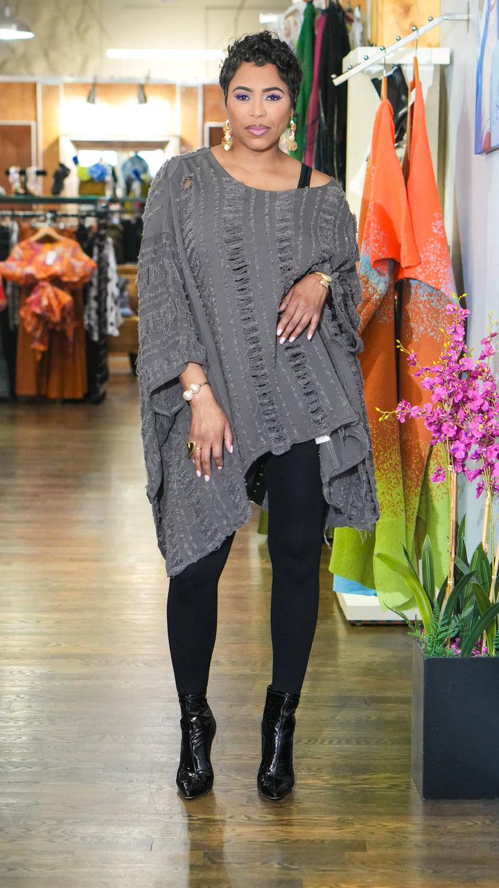 All Ripped Up Asymmetrical Oversized Top (Charcoal)