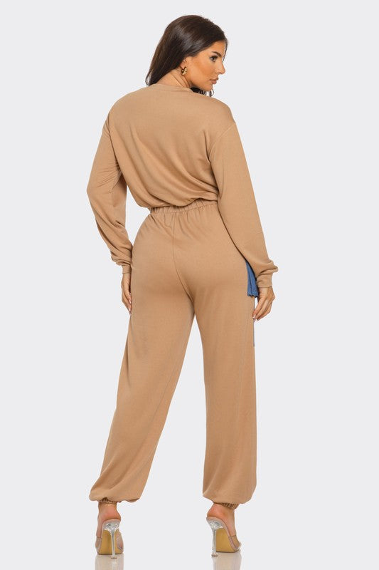 ColorBlock Denim Detail Pants Set- Mocha/Denim