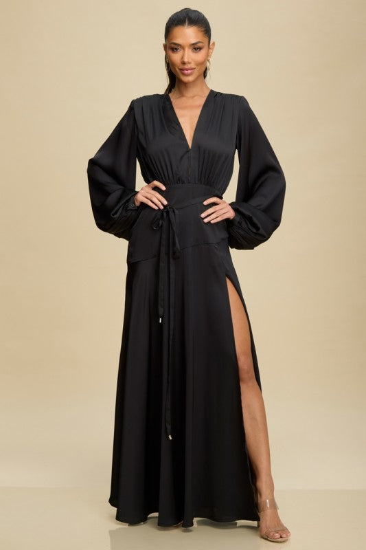 Satin Flow Balloon Sleeve Maxi Dress (Black)