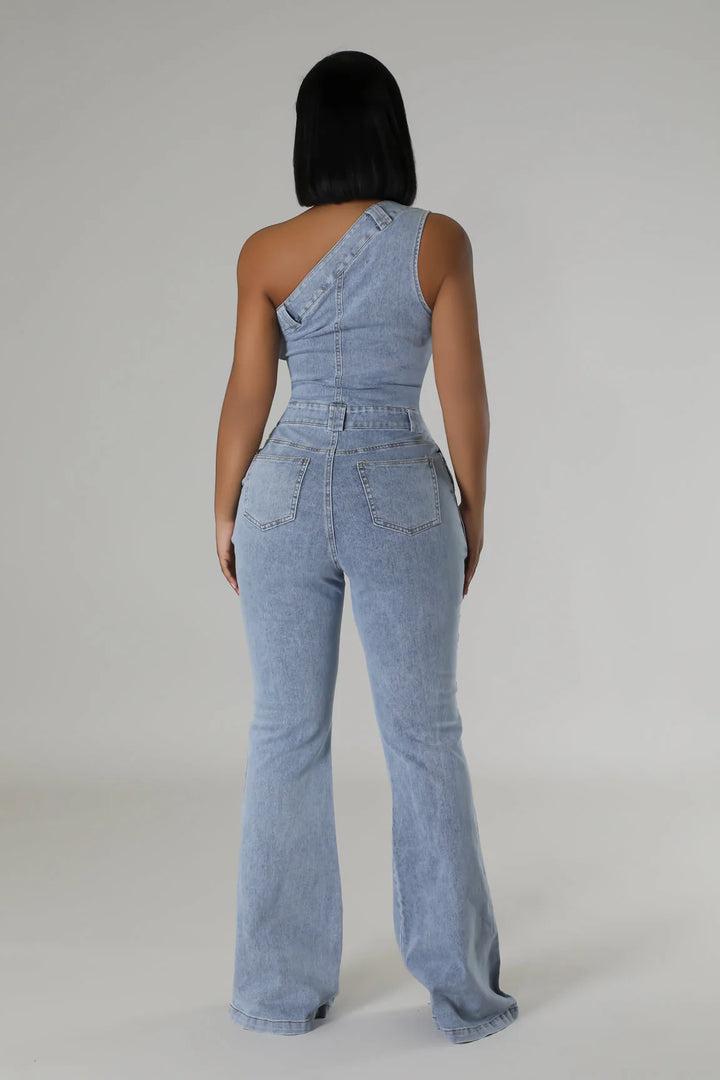 Slanted to the Side Denim Flare leg Jumpsuit