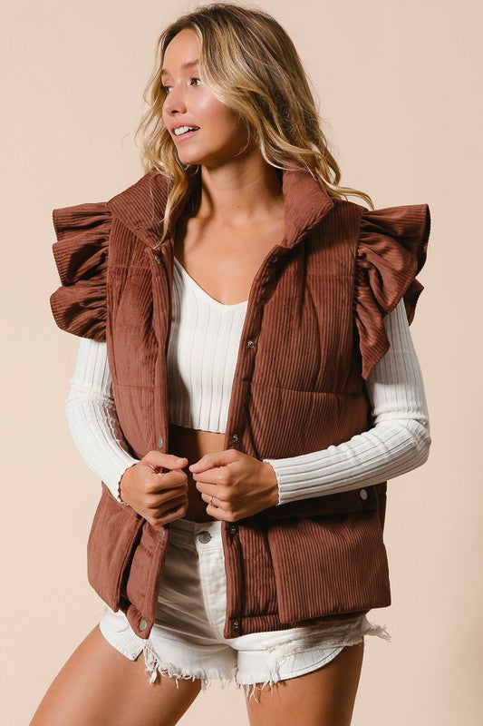 Ruffle Sleeve Corduroy Vest (Black  & Chestnut)