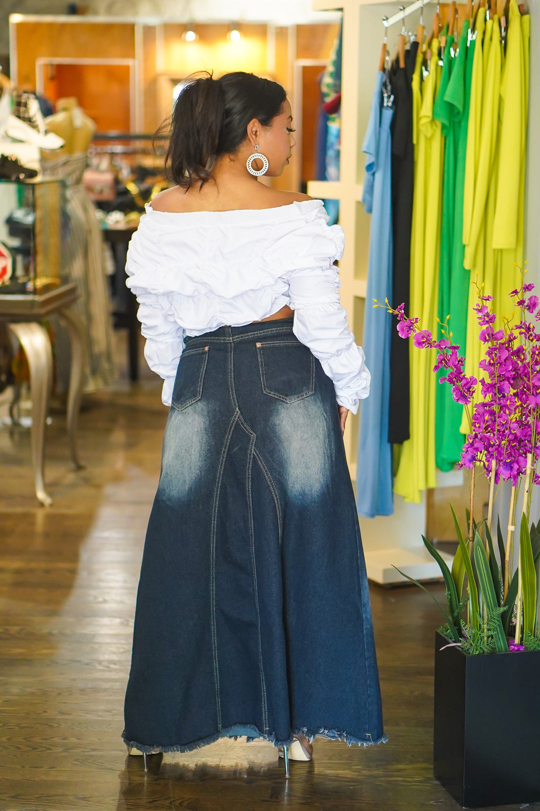 Washed Out Long Denim Skirt