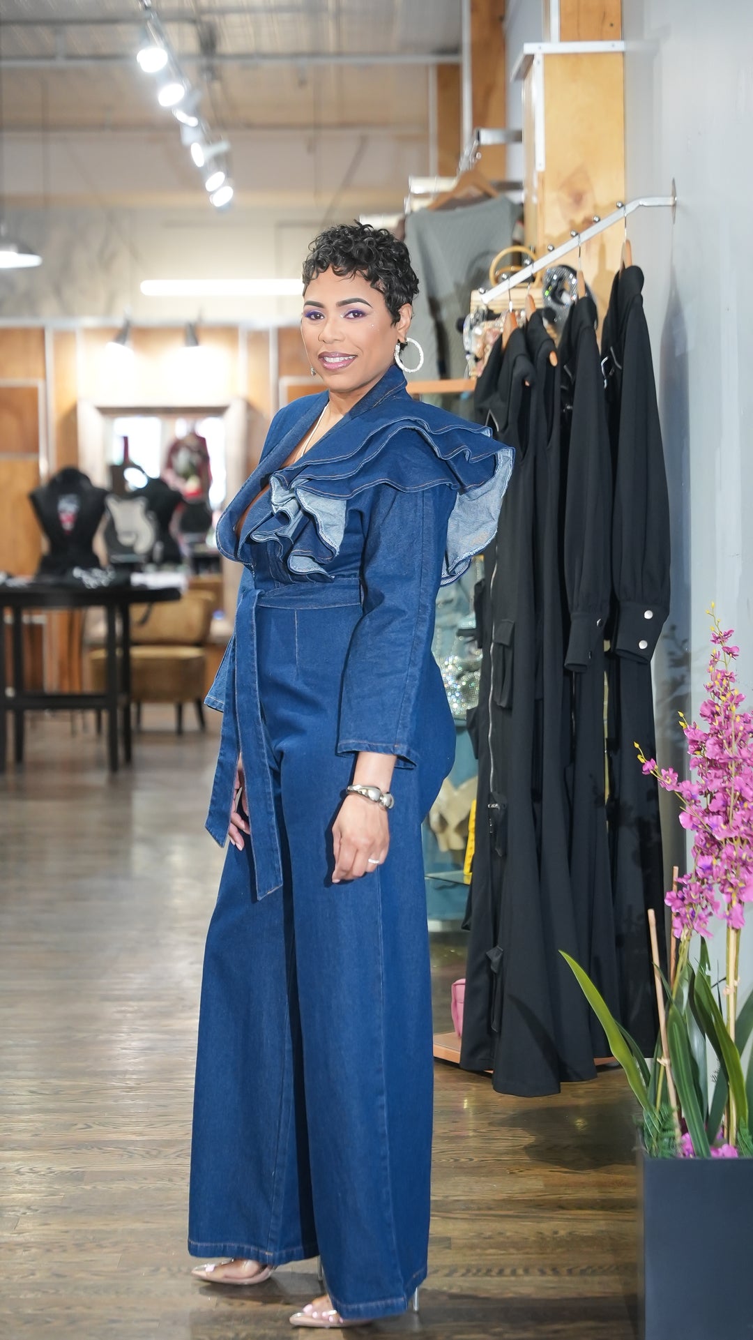 Desi Denim Ruffle Jumpsuit