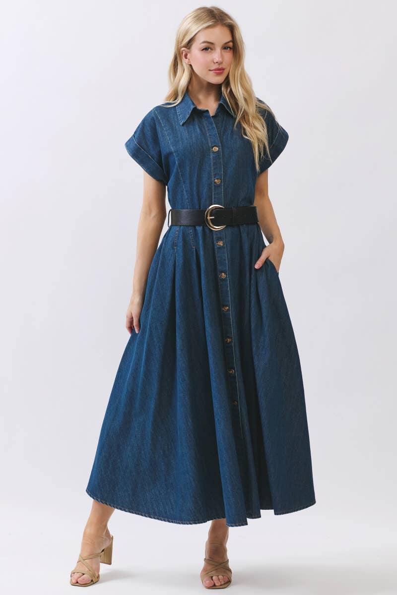Maison Washed Denim Button Maxi Dress