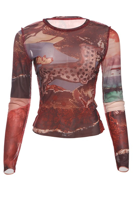 All over graphic leopard Mesh Top