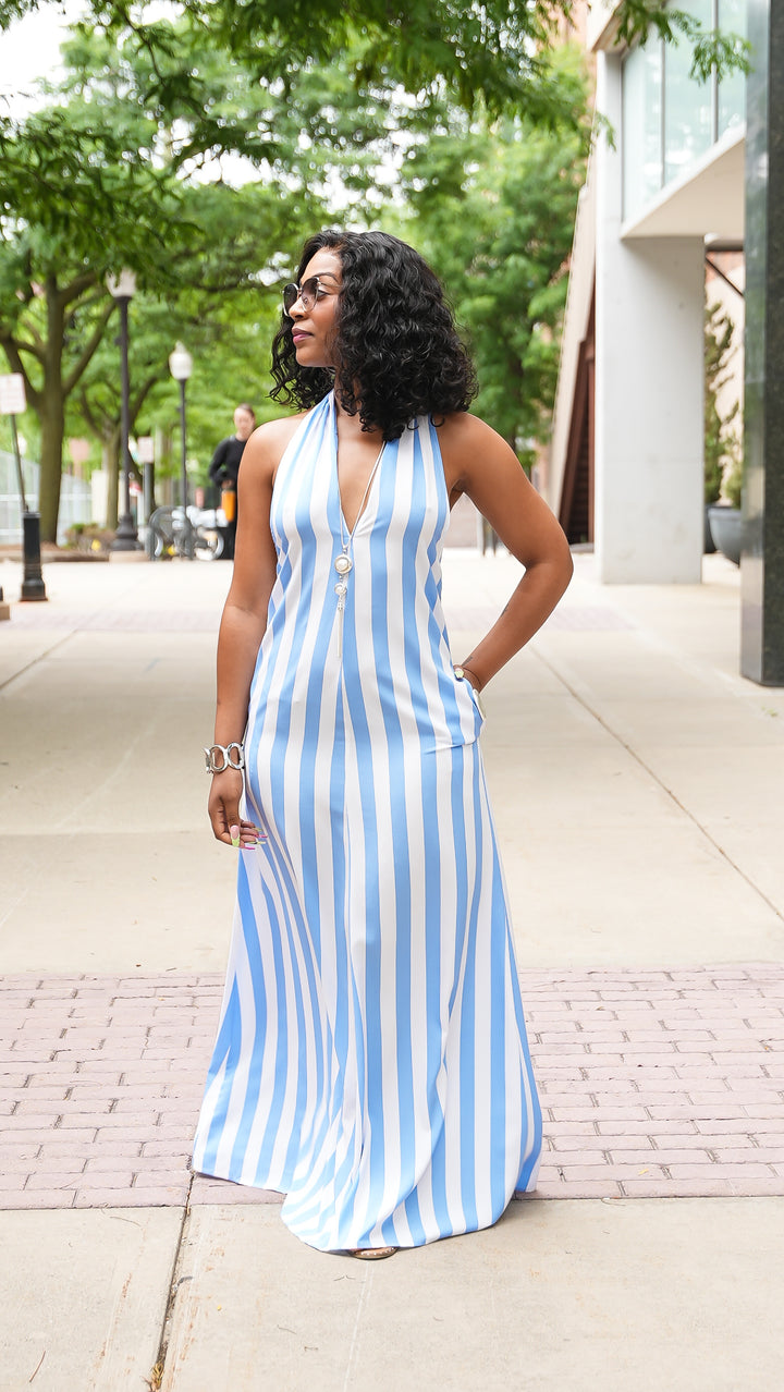 Coastal Cabana Stripe Maxi Dress - (Blue)