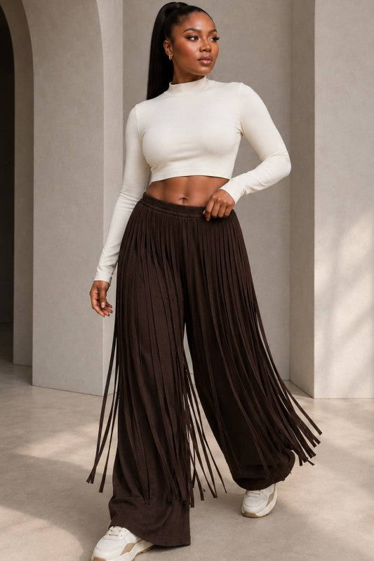 The Main Event Fringe Overlay Wide Leg Pants (Brown)