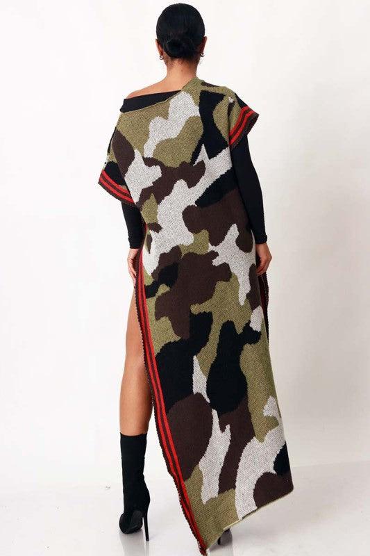Camo Statement Long Poncho Cardigan