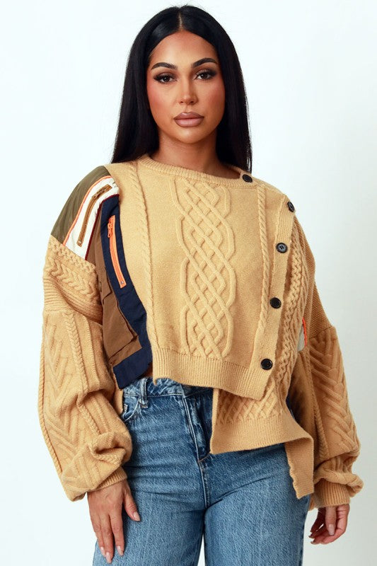 Patchwork Asymmetric Knit Sweater (Chestnut)