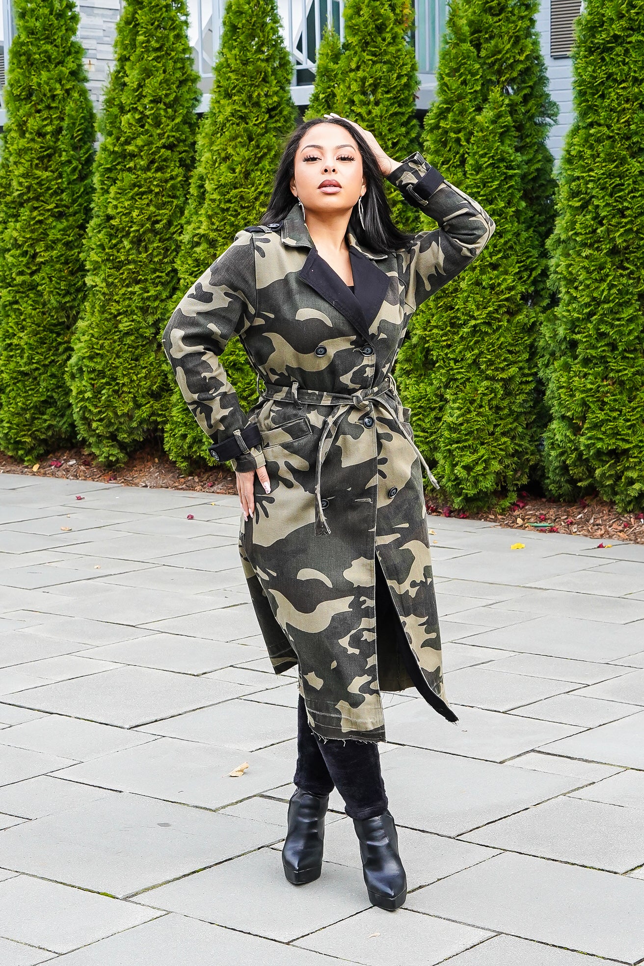 Jackie Distressed Denim Camo Trench Coat