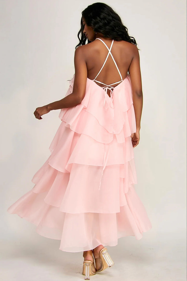 Soft Romance Layered Chiffon Dress (Pink)