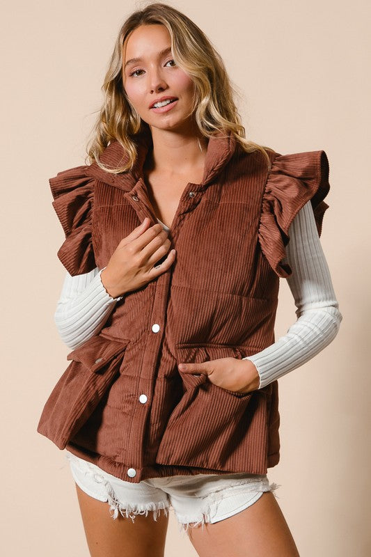 Ruffle Sleeve Corduroy Vest (Black  & Chestnut)