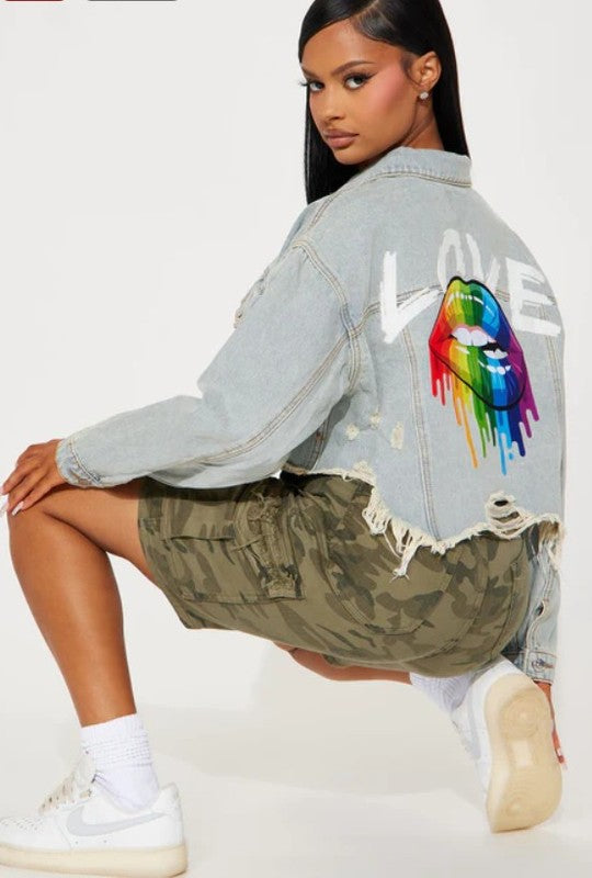 Rainbow Love Lips Crop Distressed Jacket