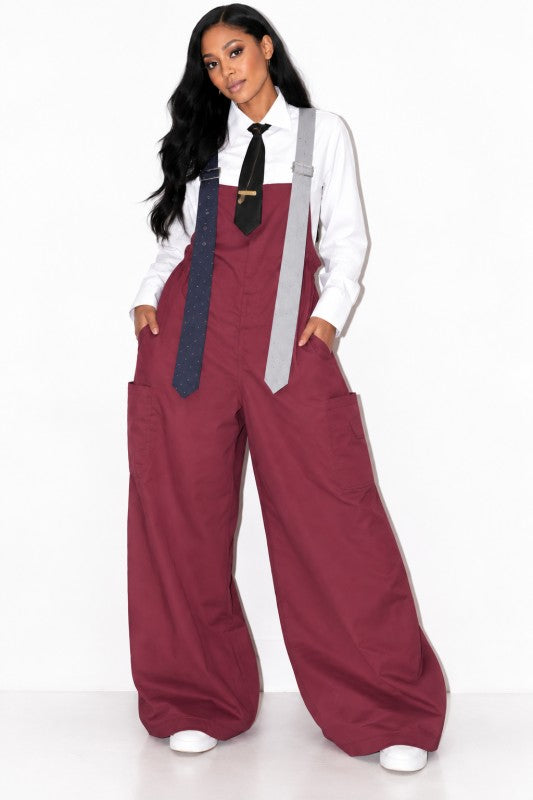 Varsity Chic  Tie Me Oversized Wide Leg Jumpsuit (Burgundy)
