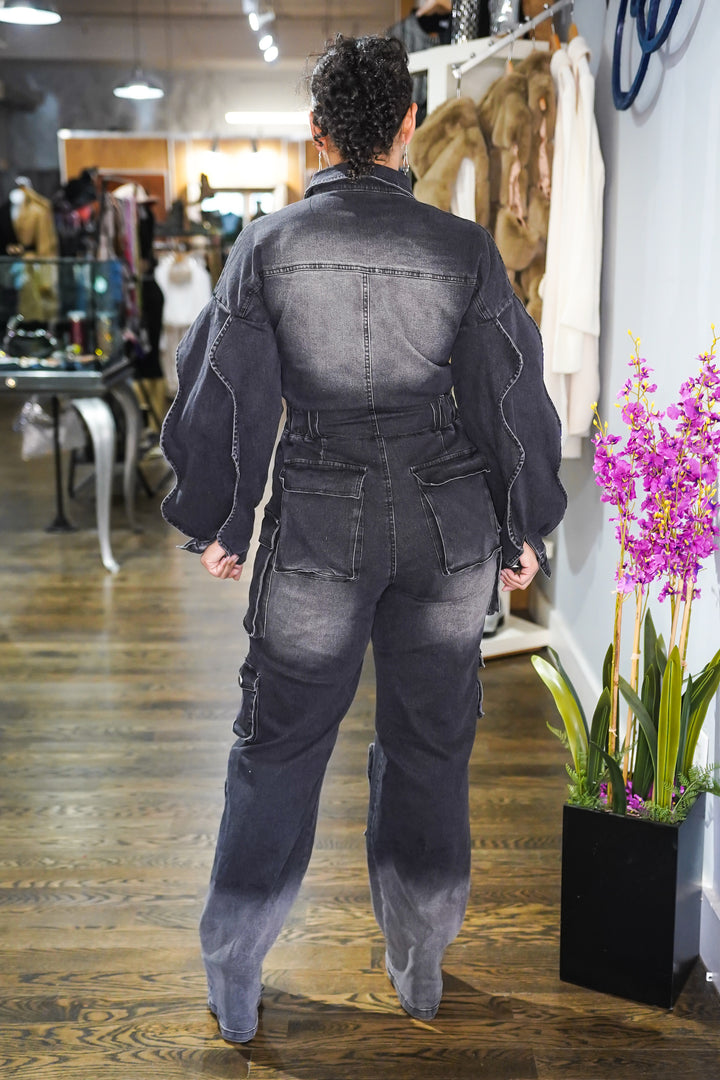Kyleigh Cargo Ruffle Sleeve Jean Jumpsuit (Black Wash)
