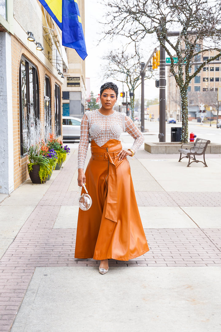 Walk in Drama High Waisted Faux Leather Skirt (Caramel)