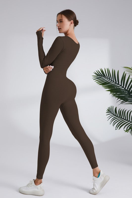 Square Neck Ribbed Long Sleeve Jumpsuit (More Colors)