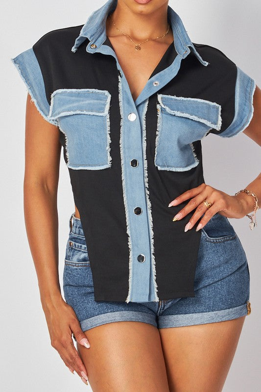 Mix Match Black  & Denim Top