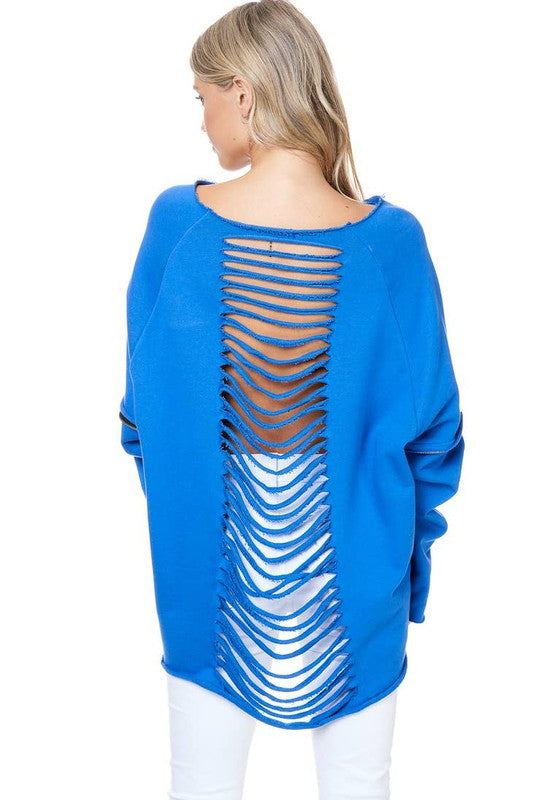 Back it Out Cut- Up Zipper Sweater (Blue)