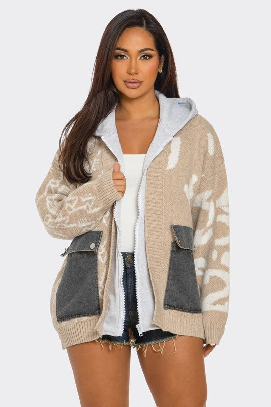 Layered Hoodie Cardigan Sweater