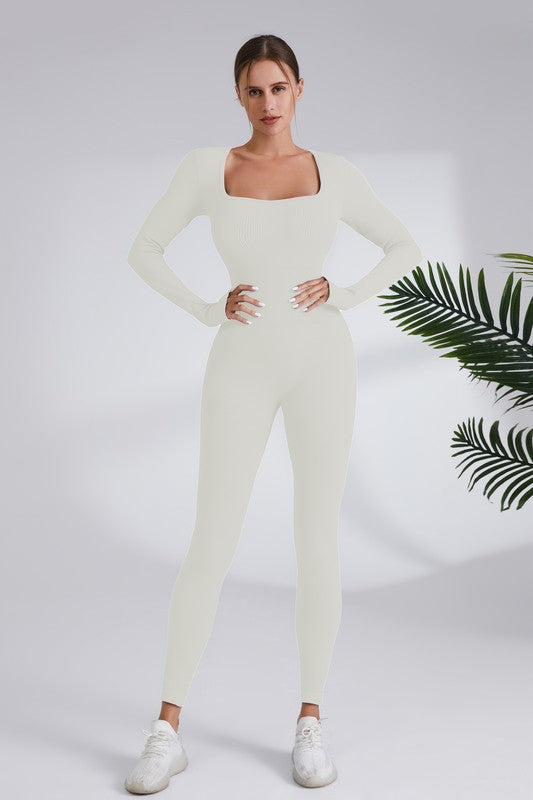 Square Neck Ribbed Long Sleeve Jumpsuit (More Colors)