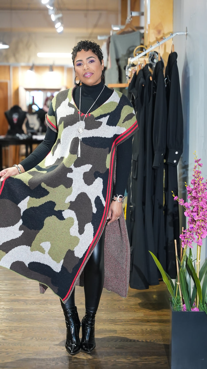 Camo Statement Long Poncho Cardigan