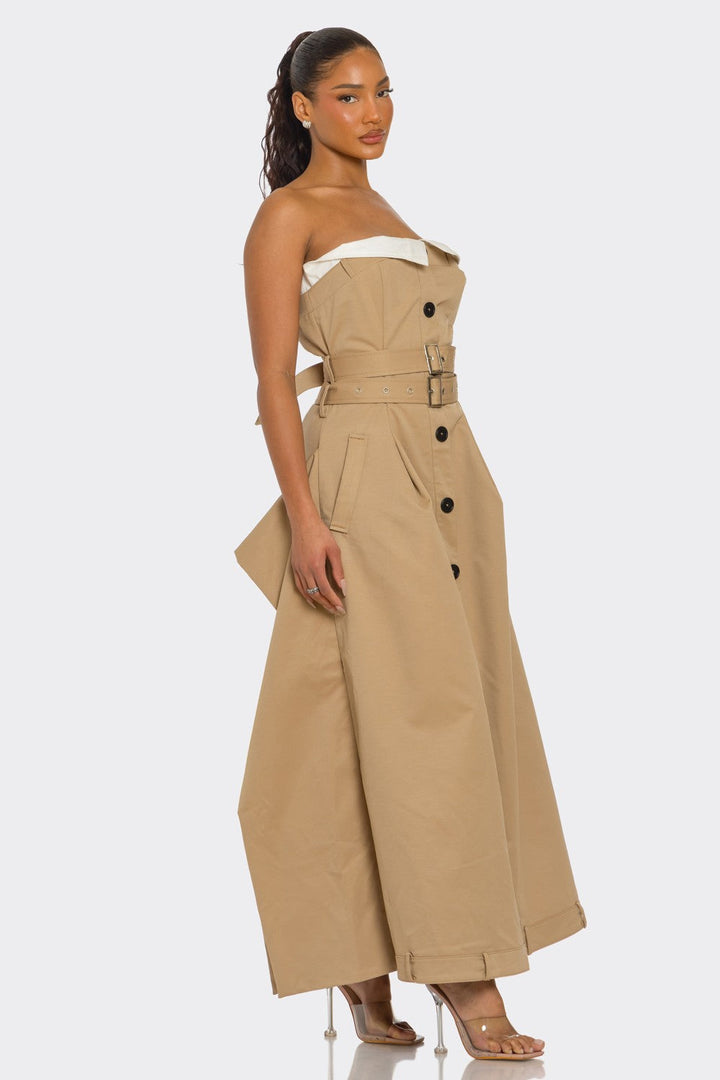 Strapless Belted Trench Maxi Dress
