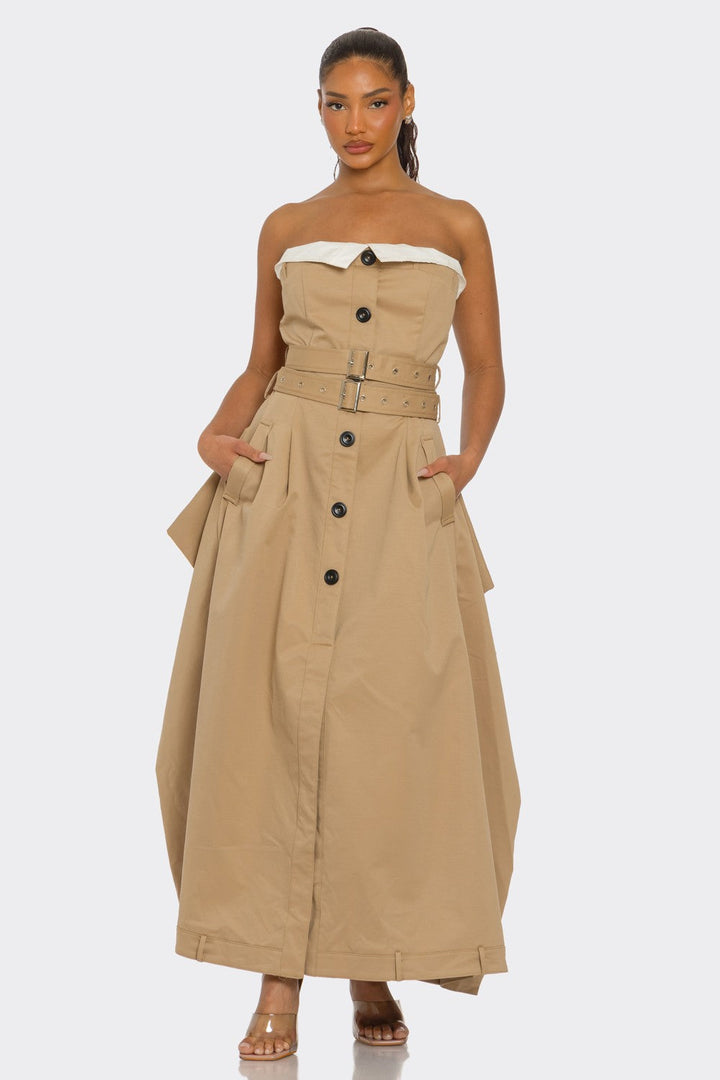 Strapless Belted Trench Maxi Dress