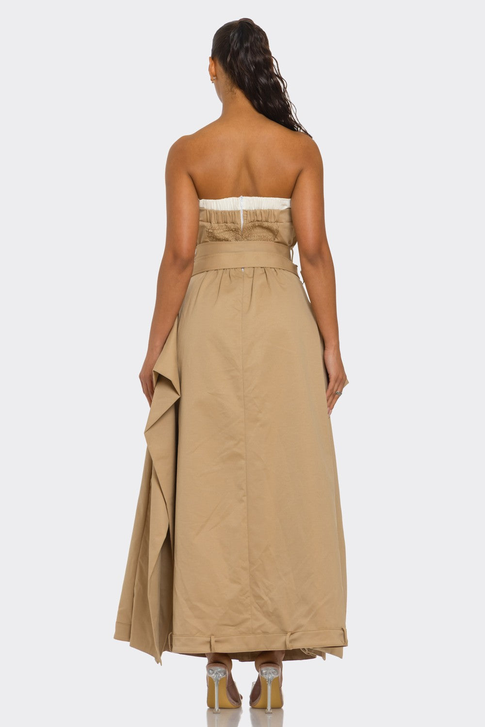 Strapless Belted Trench Maxi Dress