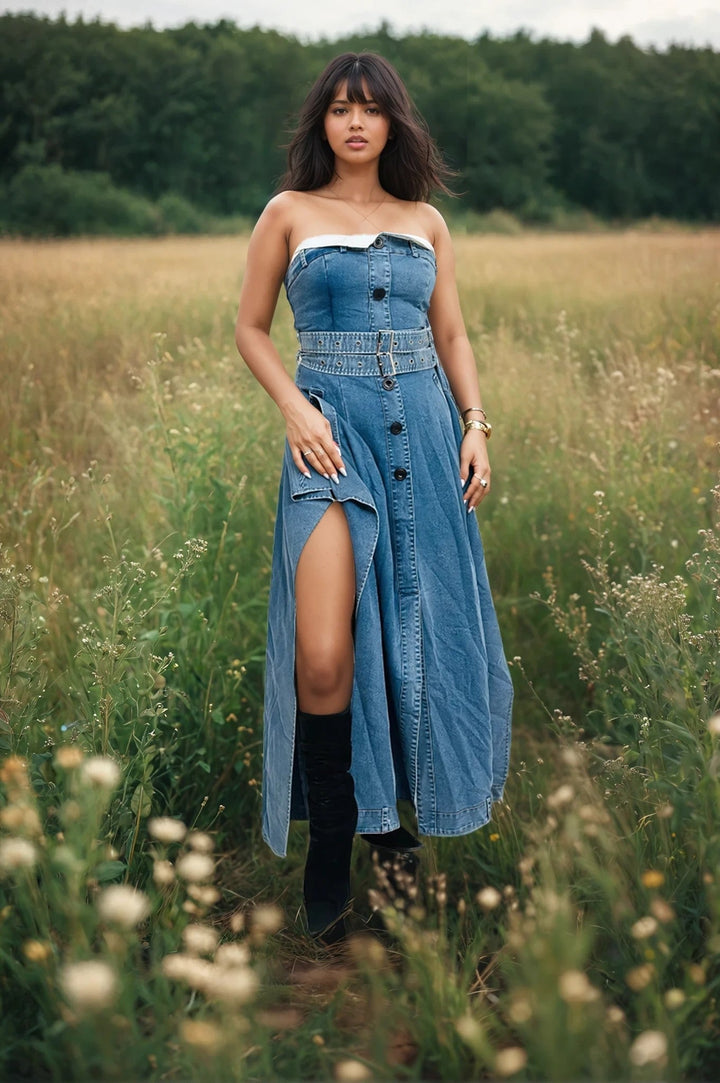 Strapless Belted Trench Maxi Dress