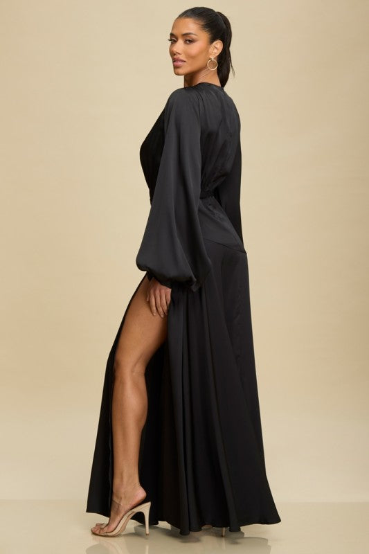 Satin Flow Balloon Sleeve Maxi Dress (Black)