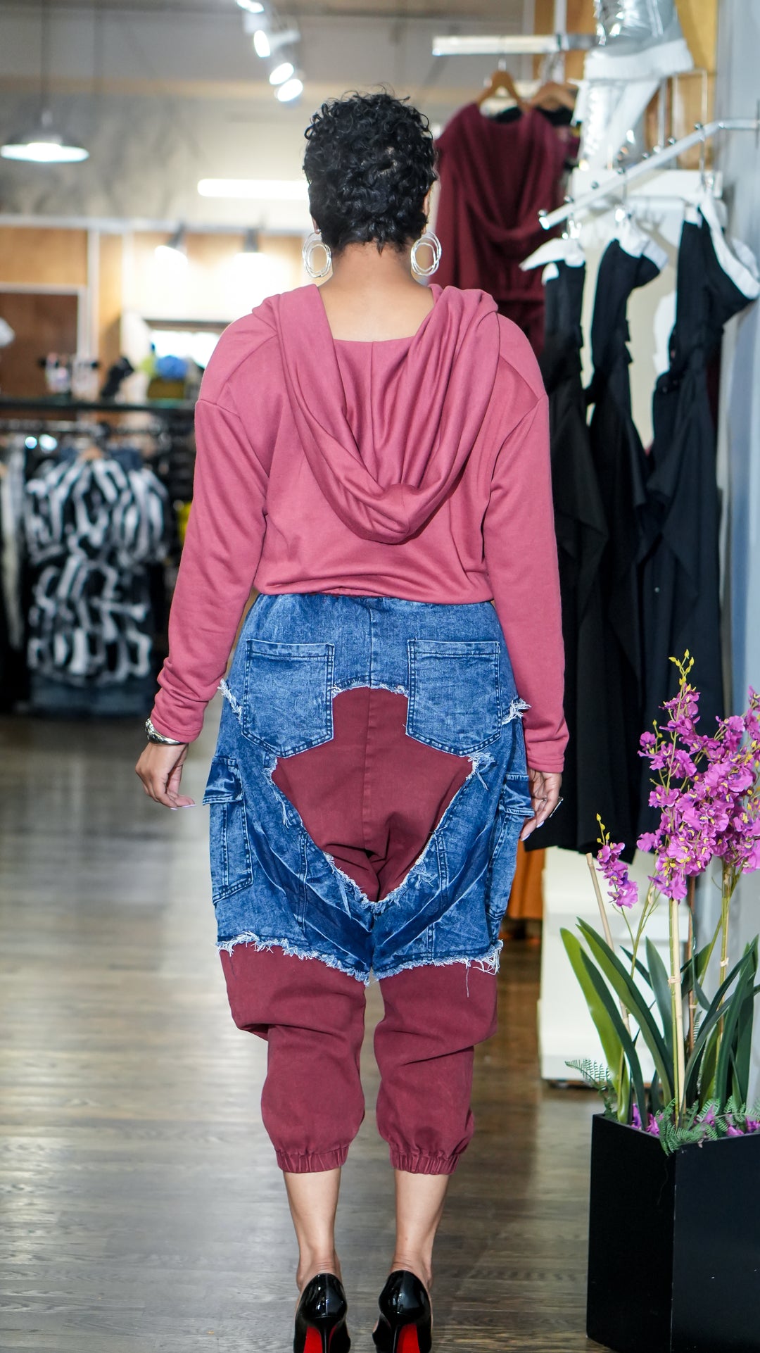 No Pressure Denim Harem Joggers (Burgundy)