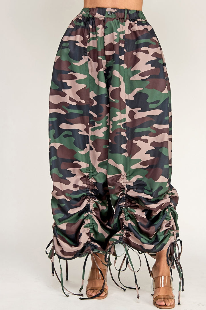 Gather Around Ruched Camo Drawstring Pants
