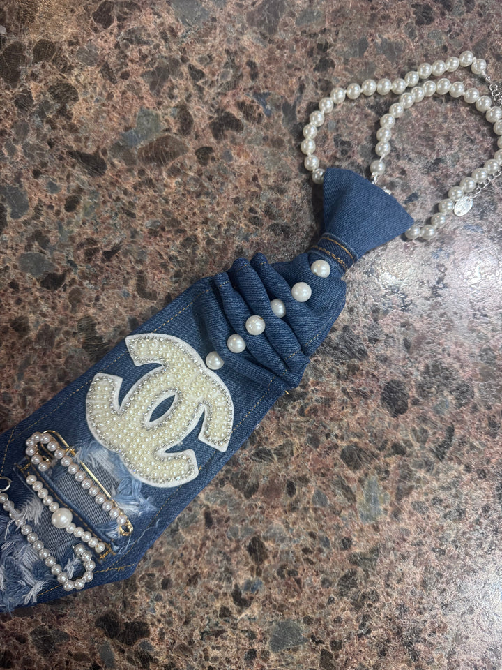 Denim Tie w/ CC’s & Pearl necklace