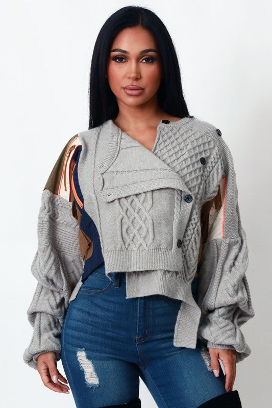 Patchwork Asymmetric Knit Sweater (Grey)