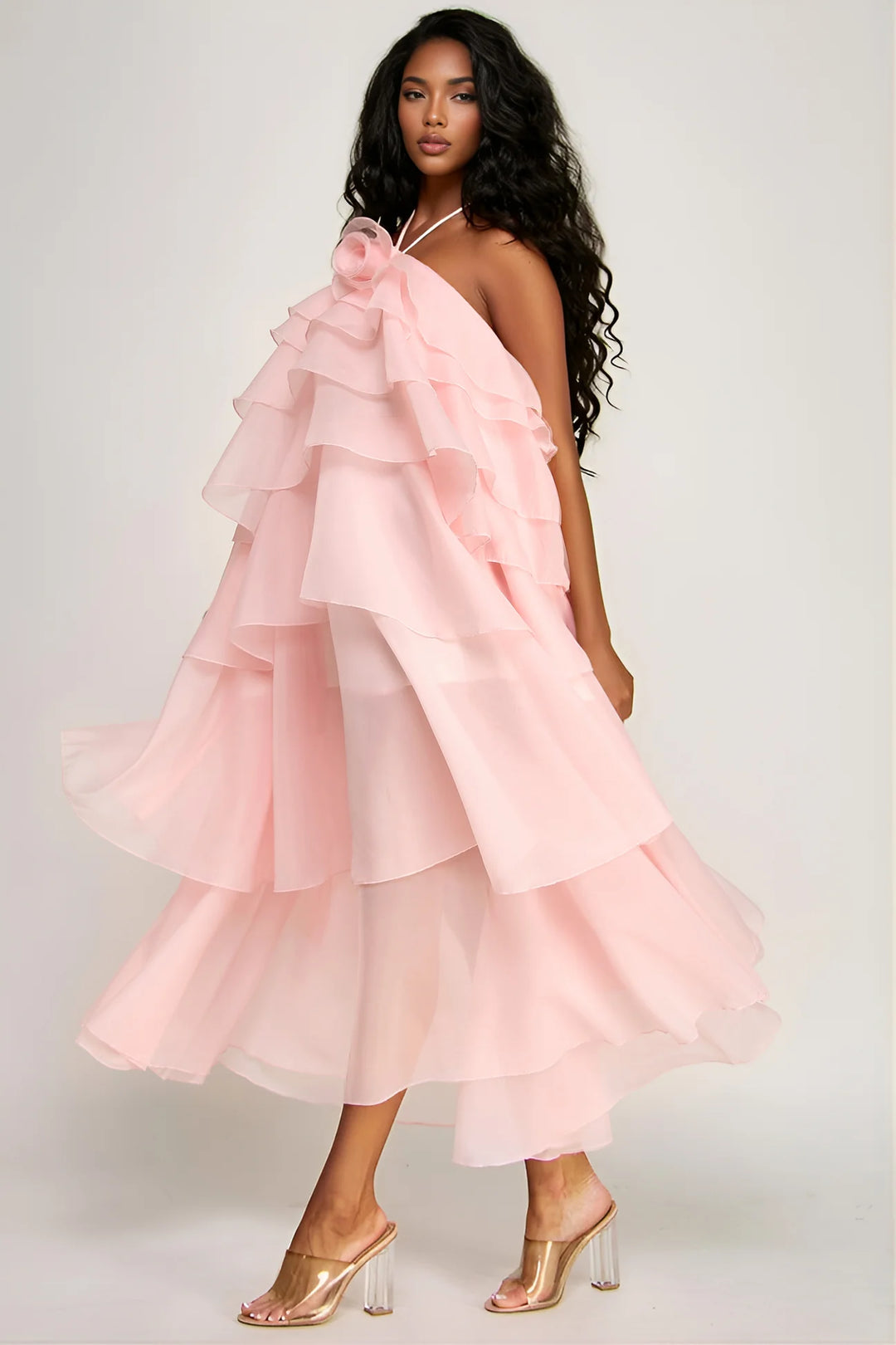 Soft Romance Layered Chiffon Dress (Pink)