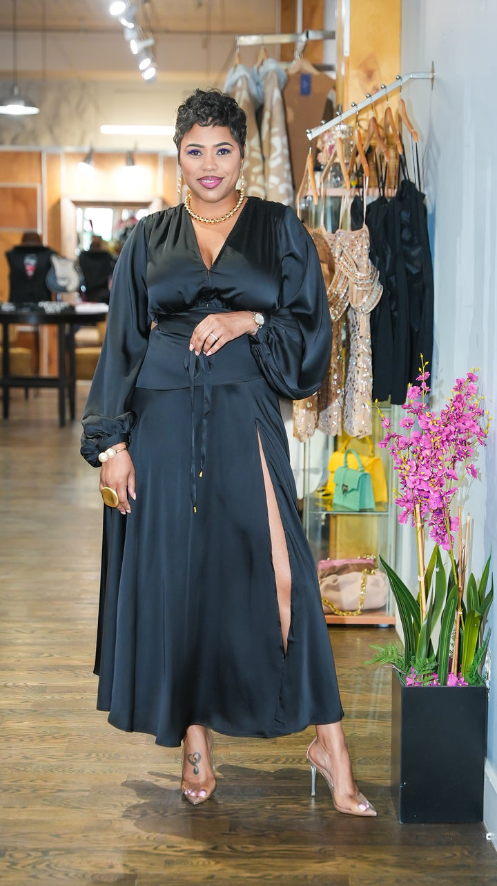 Satin Flow Balloon Sleeve Maxi Dress (Black)