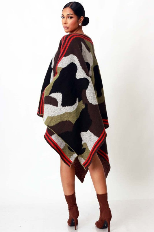 Effortless Bold Camo Poncho Sweater