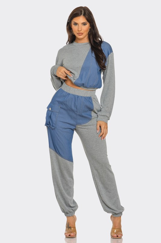 ColorBlock Denim Detail Pants Set- Mocha/Denim