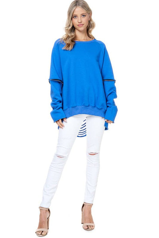 Back it Out Cut- Up Zipper Sweater (Blue)