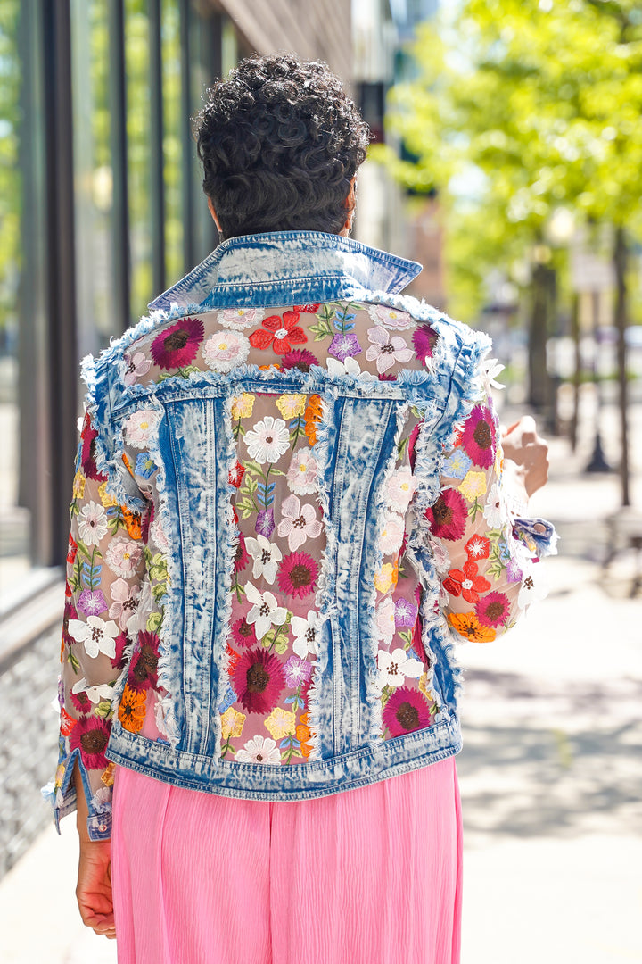 Denim Sheer Flower Petals Jacket
