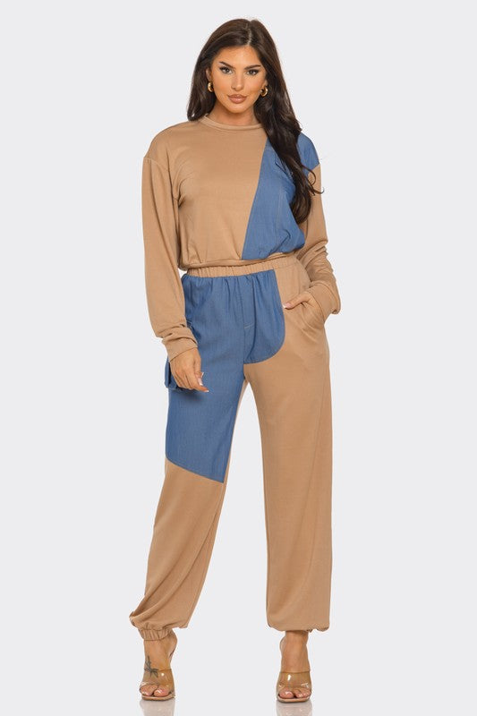 ColorBlock Denim Detail Pants Set- Mocha/Denim