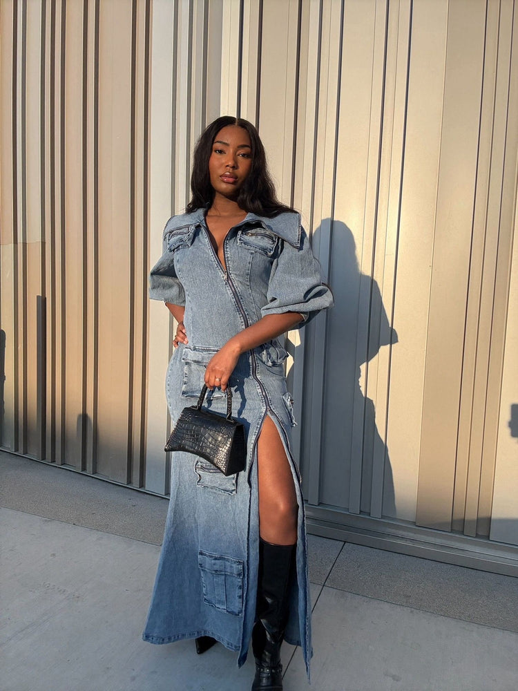 cargo dress Morgan Tailored Mini while the classic collar elegantly frames your face The Blues Denim Cargo Zipper