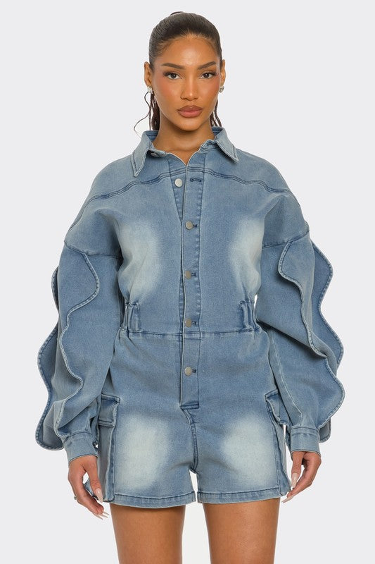 BUTTON IT UP WAVE DENIM ROMPER