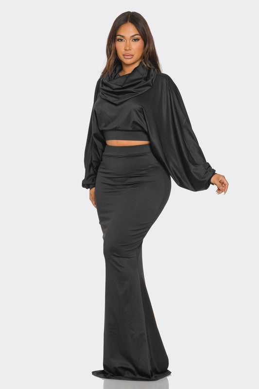 Bianca Crop Hoodie Skirt Set (Black)