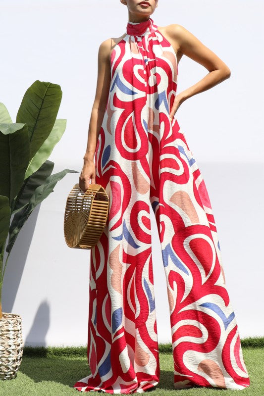 Seaside Swirl Statement Palazzo Jumpsuit (Magenta Multi)