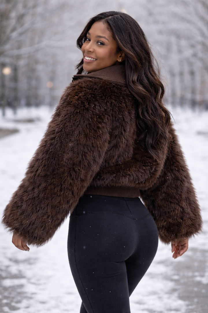 Wide arm Plush Crop Faux Fur Jacket - Brown
