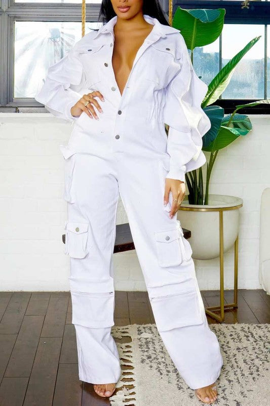 Kyleigh Cargo Ruffle Sleeve Jean Jumpsuit (White)