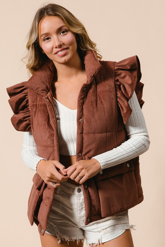 Ruffle Sleeve Corduroy Vest (Black  & Chestnut)